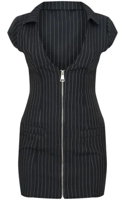 Pinstripe Pocket Detail Zip Up Mini Dress-PrettyLittleThing Online