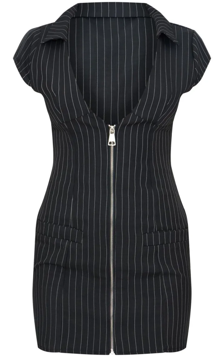 Pinstripe Pocket Detail Zip Up Mini Dress-PrettyLittleThing Online