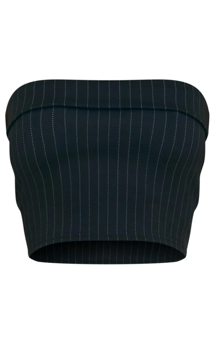 Sale PrettyLittleThing Black Pinstripe Stretch Woven Fold Over Detail Bandeau Black Stripes