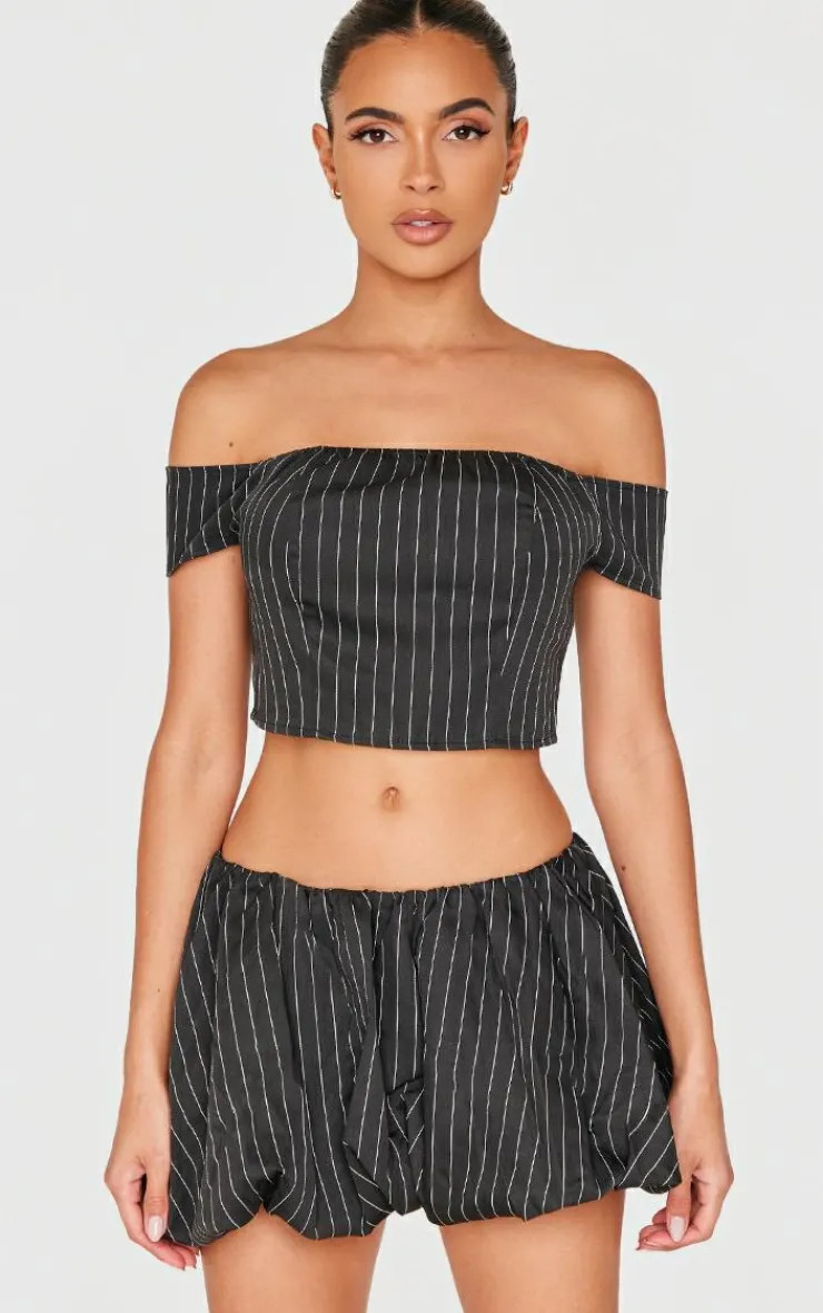 PrettyLittleThing Pinstripe Woven Tailored Bandeau Top Black