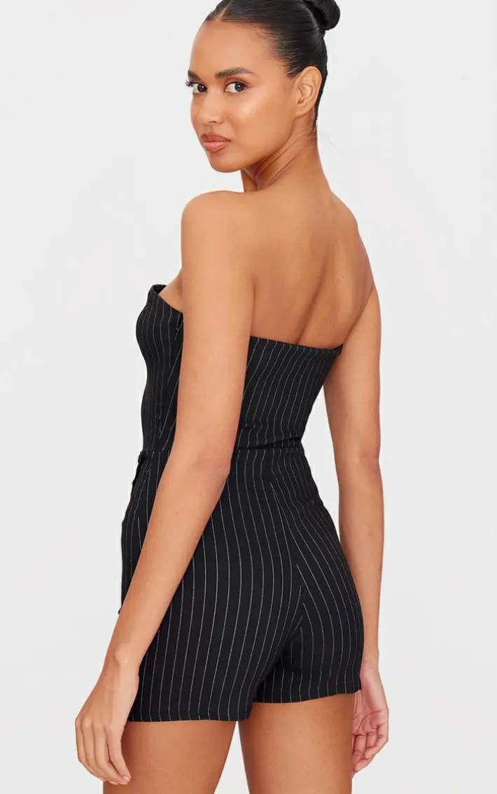 Black Pinstripe Woven Zip Front Skort Romper