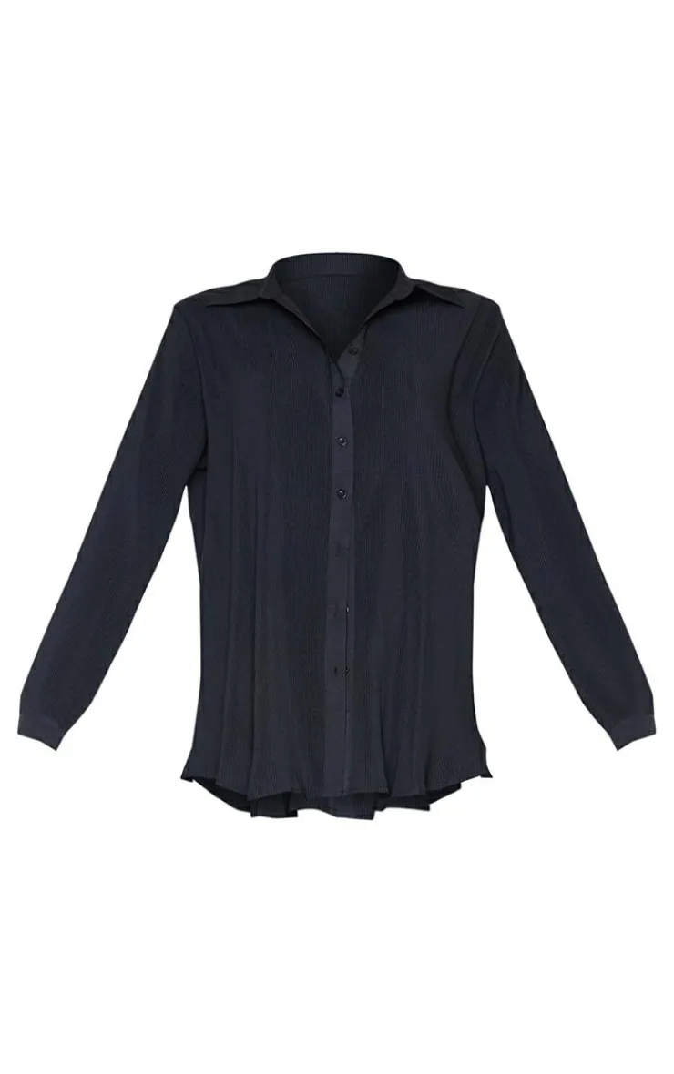 Hot PrettyLittleThing Plisse Button Front Oversized Shirt Black