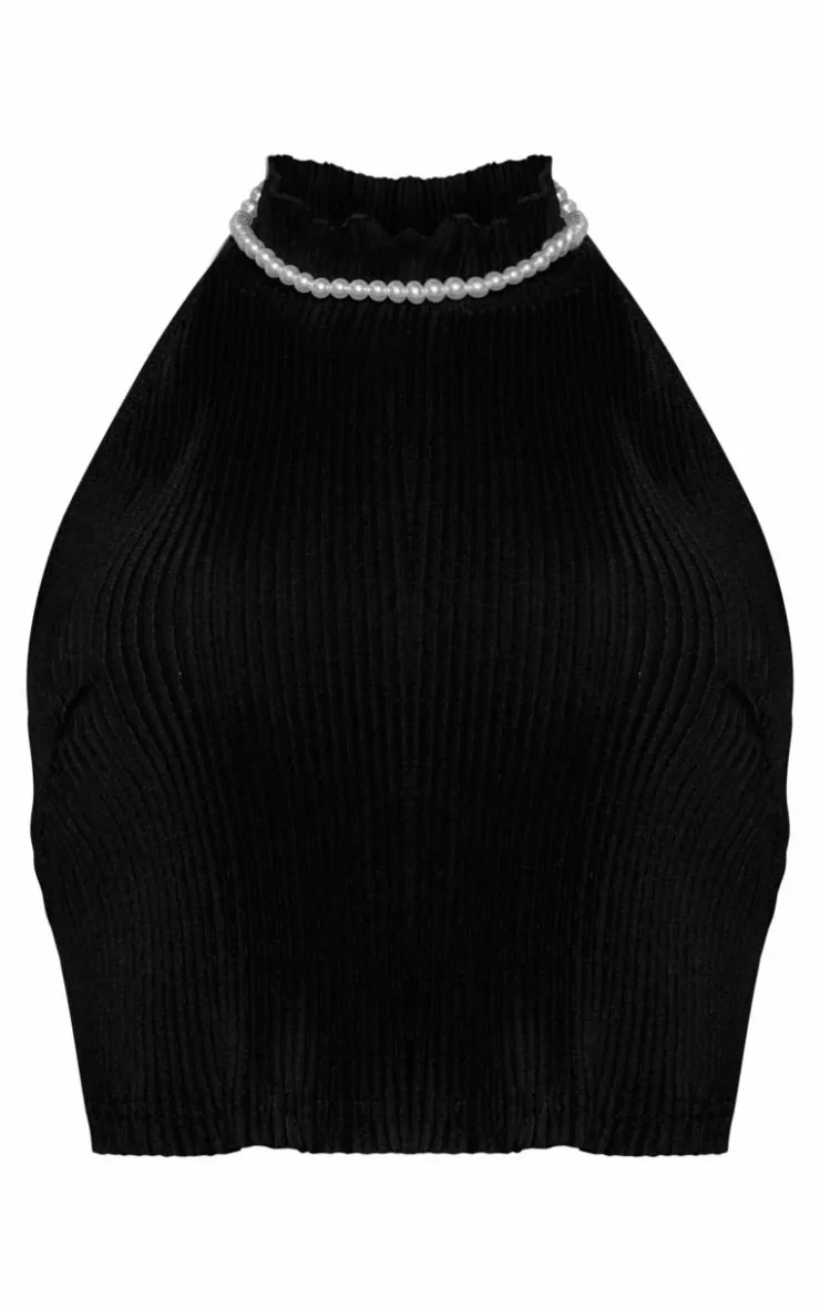 Discount PrettyLittleThing Plisse High Neck Pearl Detail Crop Top Black
