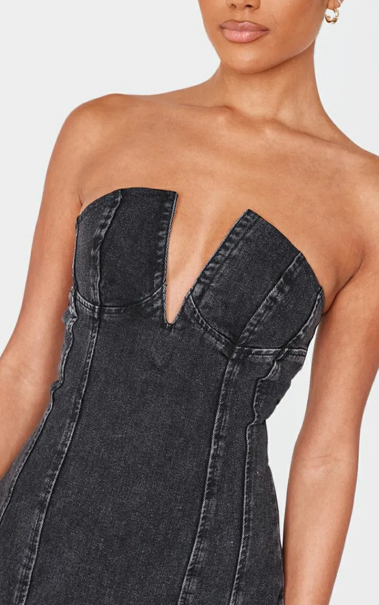 Plunge Detail Strapless Denim Mini Dress-PrettyLittleThing Clearance
