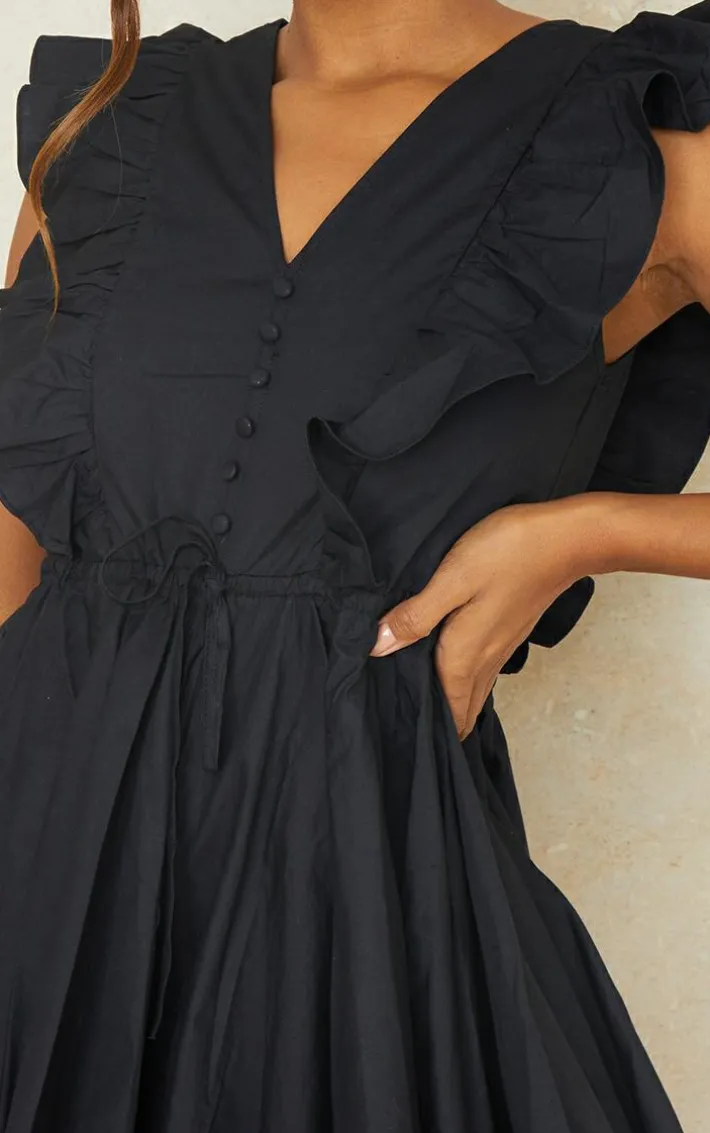 Black Poplin Button Detail Flare Short Romper