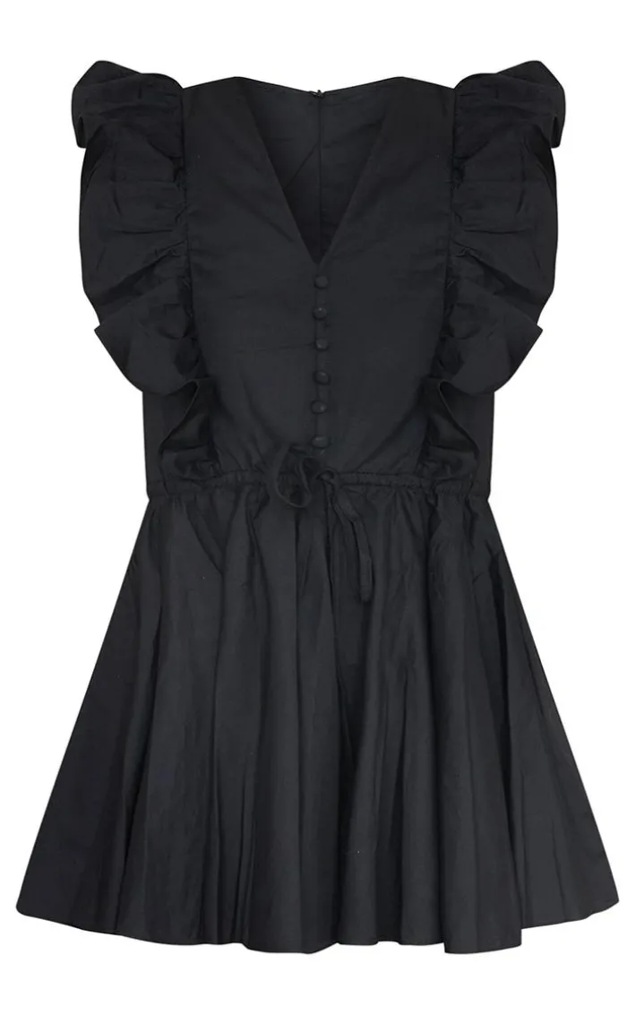 Black Poplin Button Detail Flare Short Romper
