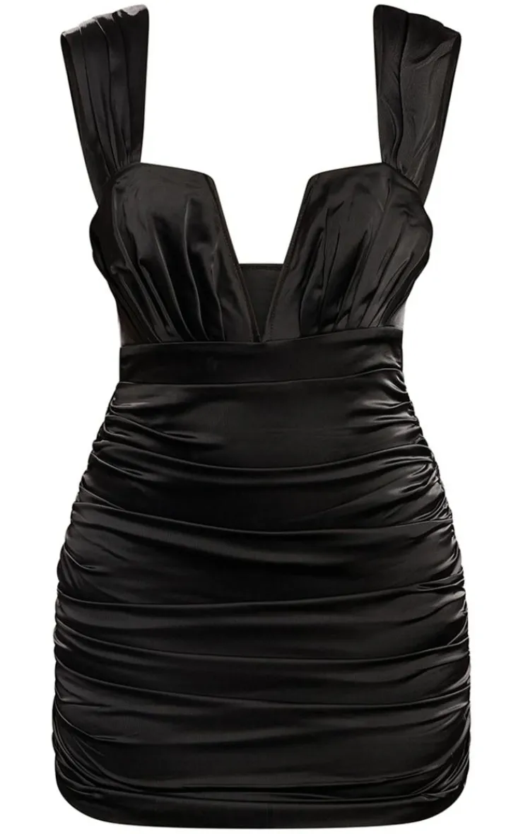Premium Constructed Satin V Bar Ruched Mini Dress-PrettyLittleThing New