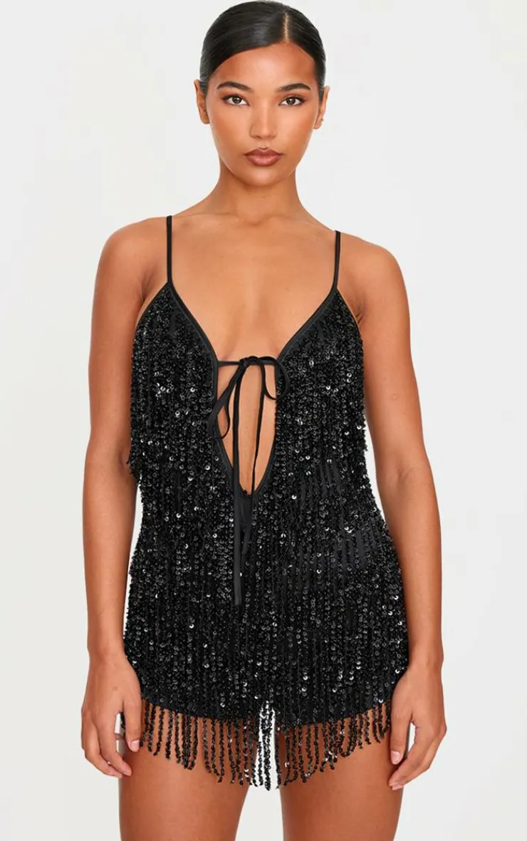 Premium Full Embellished Plunge Strappy Romper-PrettyLittleThing Online