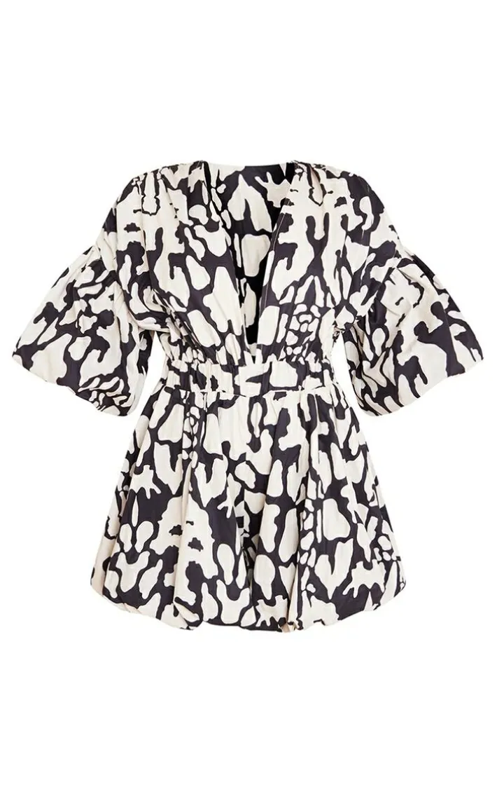 Black Print Plunge Puffball Hem Romper