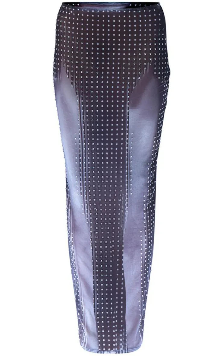 Online PrettyLittleThing Printed Mesh Diamante Hot Fix Low Rise Maxi Skirt Black