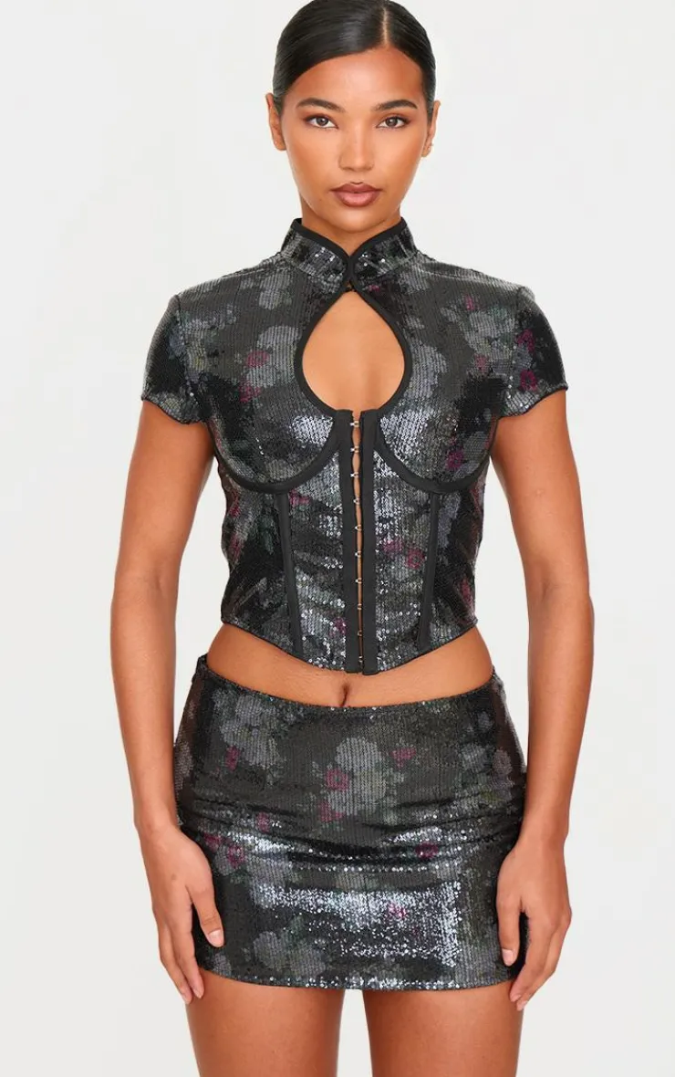 Outlet PrettyLittleThing Printed Sequin Band Collar Corset Top Black