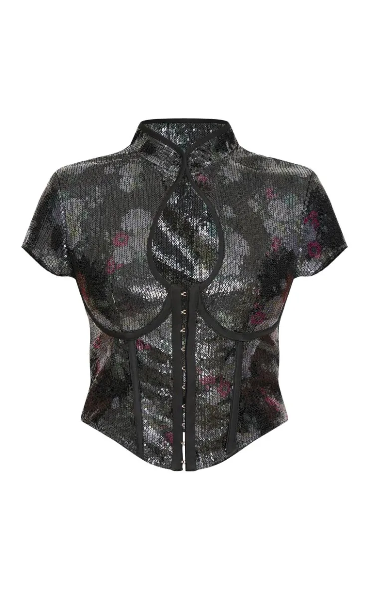 Outlet PrettyLittleThing Printed Sequin Band Collar Corset Top Black