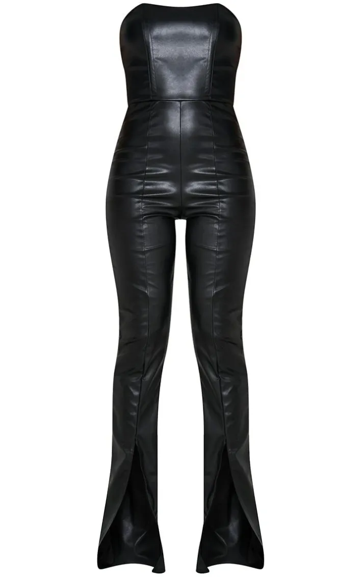 Black PU Bandeau Hem Split Jumpsuit