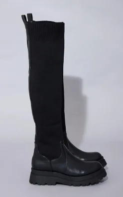 PrettyLittleThing Over The Knee Boots*PU Contrast Knitted Over The Knee Boots