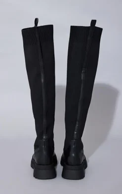 PrettyLittleThing Over The Knee Boots*PU Contrast Knitted Over The Knee Boots