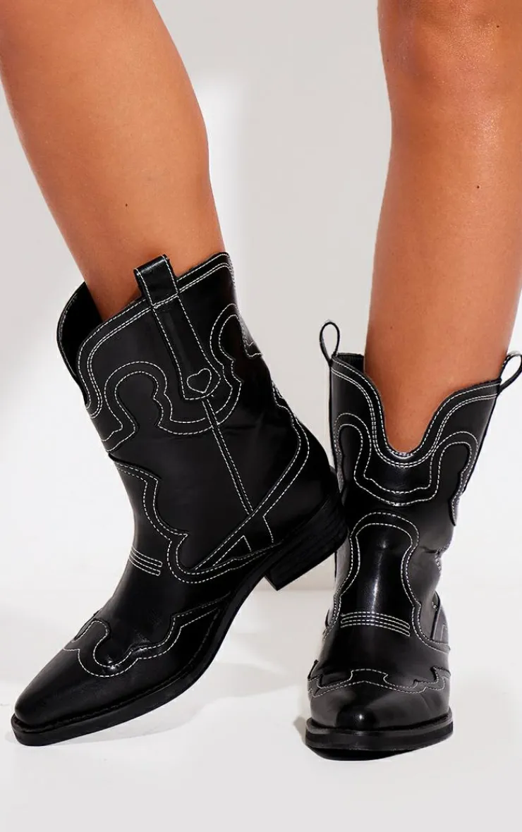 PrettyLittleThing Black Boots*PU Point Toe Ankle Western Boots