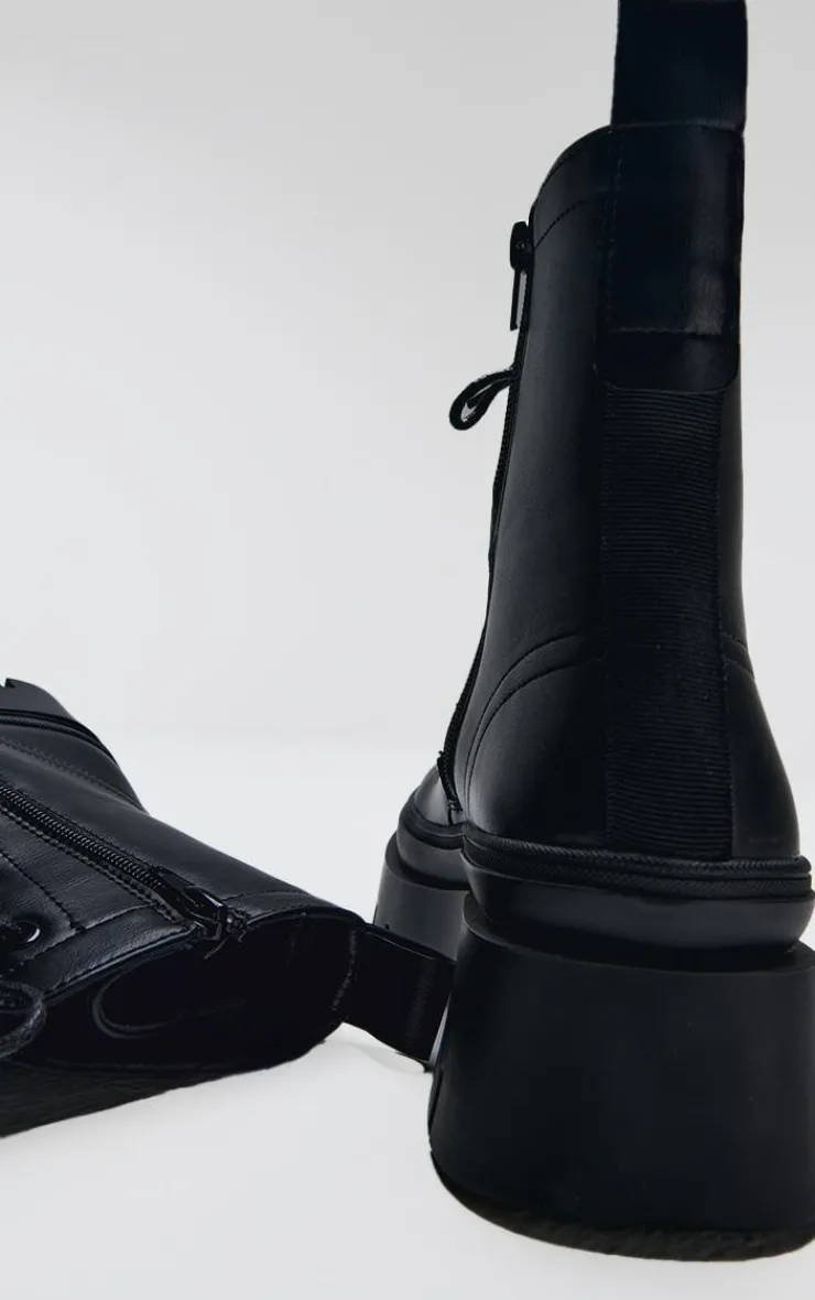 PrettyLittleThing Black Boots*PU Round Toe Chunky Sole Biker Boots