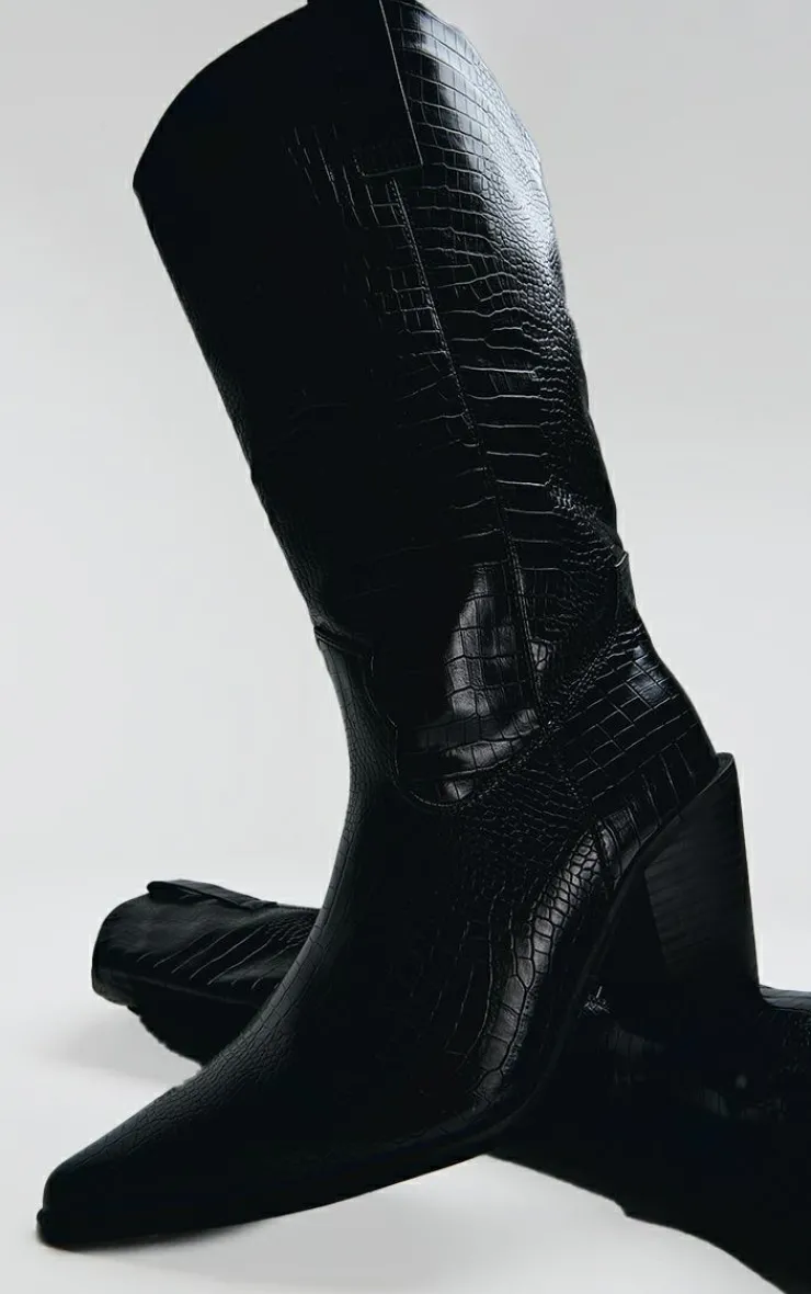 PrettyLittleThing Wide Fit Boots*PU Wide Fit Croc Point Toe Knee High Western Boots