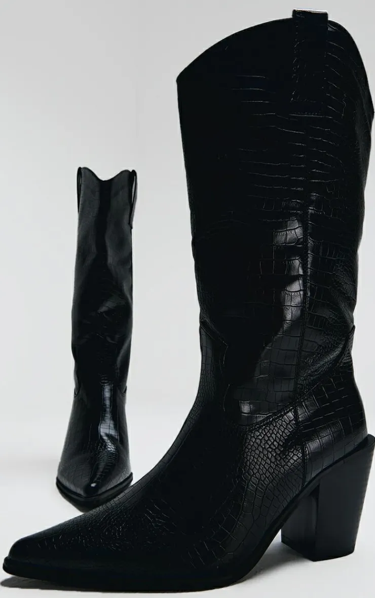 PrettyLittleThing Wide Fit Boots*PU Wide Fit Croc Point Toe Knee High Western Boots