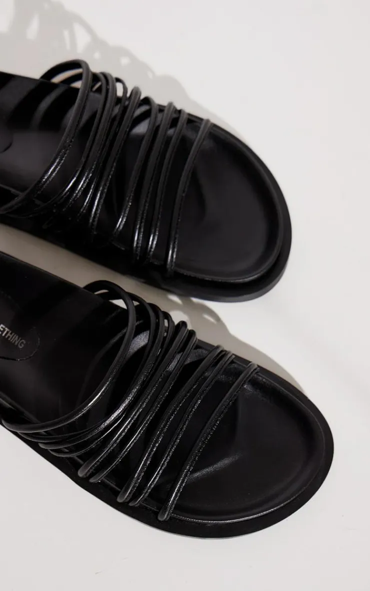 PrettyLittleThing Slides*Real Leather Round Toe Strap Detail Footbed Sandals
