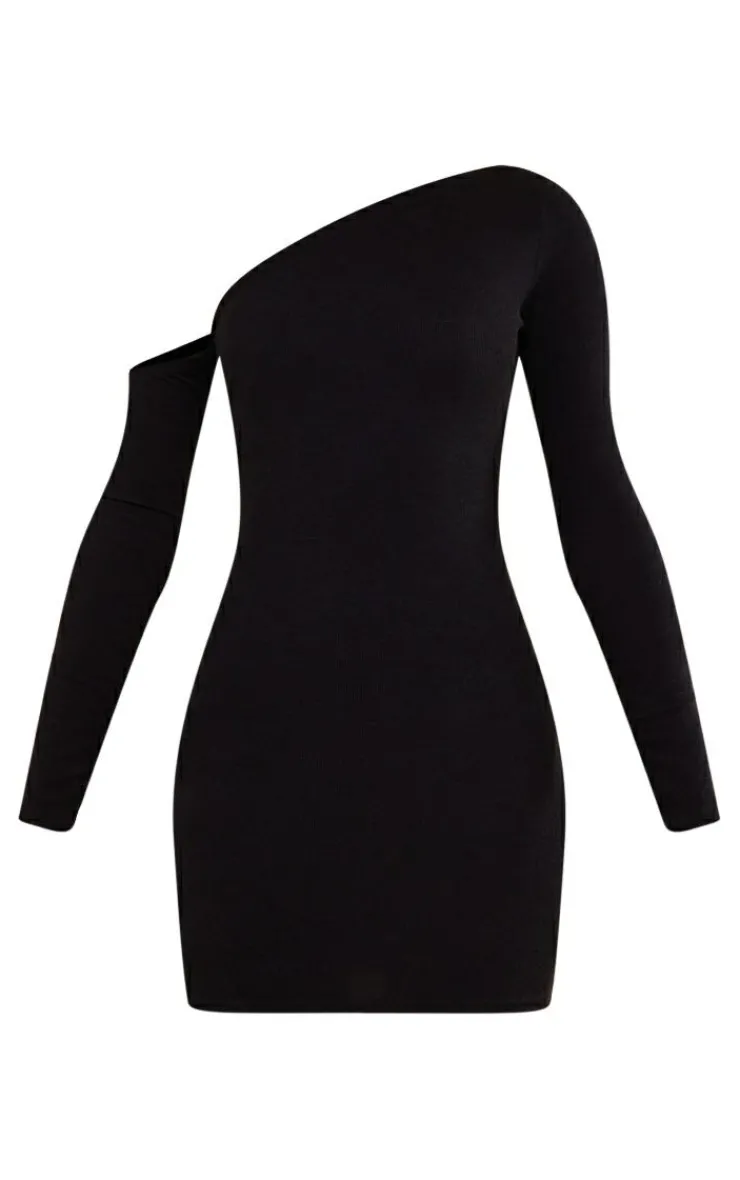 Rib Asymmetric Shoulder Bodycon Dress-PrettyLittleThing