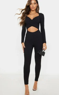 Rib Cross Over Long Sleeved Jumpsuit-PrettyLittleThing Discount