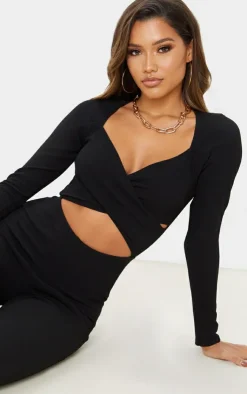 Rib Cross Over Long Sleeved Jumpsuit-PrettyLittleThing Discount