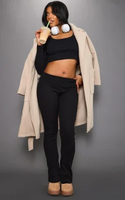 New PrettyLittleThing Rib Fold Over Waist Flared Pants Black