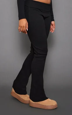 New PrettyLittleThing Rib Fold Over Waist Flared Pants Black