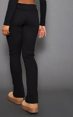 New PrettyLittleThing Rib Fold Over Waist Flared Pants Black