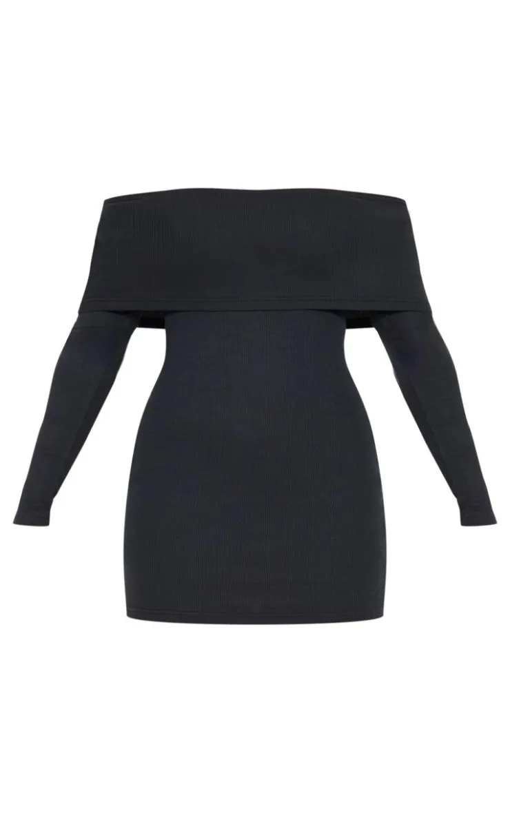 Rib Foldover Bardot Bodycon Dress-PrettyLittleThing