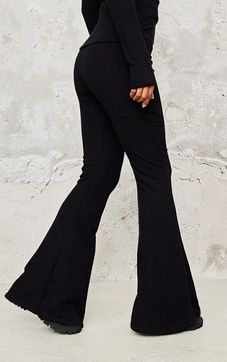 Outlet PrettyLittleThing Rib High Waist Flares Black