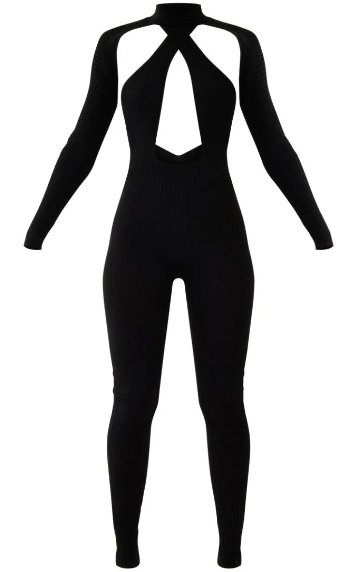 Rib Knit Cross Front Jumpsuit & Sleeves-PrettyLittleThing Discount