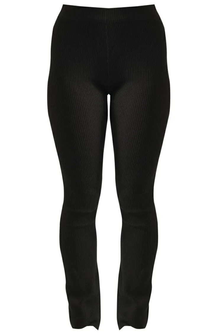Black Rib Knit Dipped Waist Pants