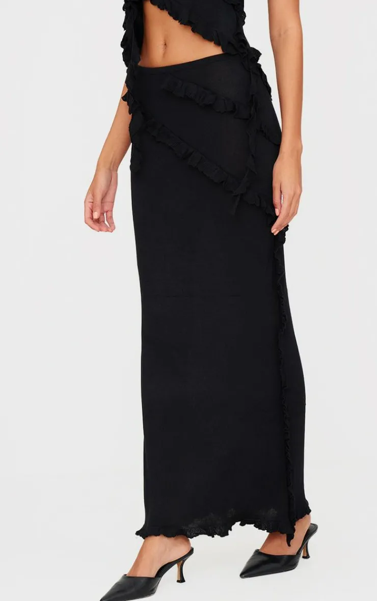 Discount PrettyLittleThing Rib Knit Frill Detail Maxi Skirt Black