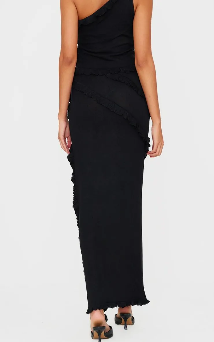 Discount PrettyLittleThing Rib Knit Frill Detail Maxi Skirt Black
