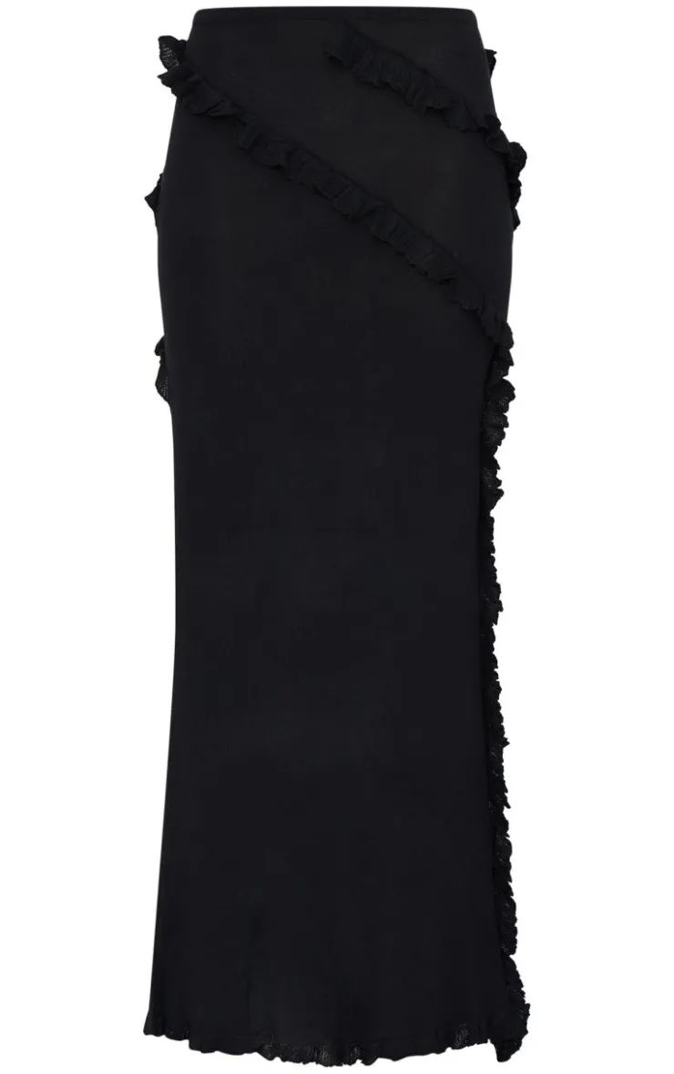 Discount PrettyLittleThing Rib Knit Frill Detail Maxi Skirt Black