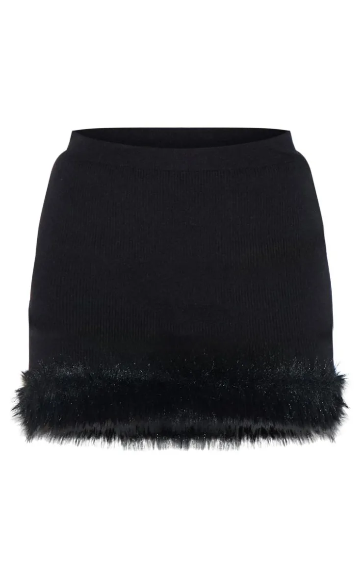 Hot PrettyLittleThing Rib Knit Fur Trim Mini Skirt Black