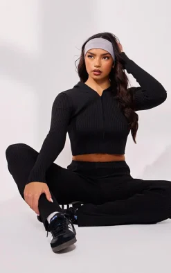 Discount PrettyLittleThing Rib Knit Zip Up Long Sleeve Co Ord Black