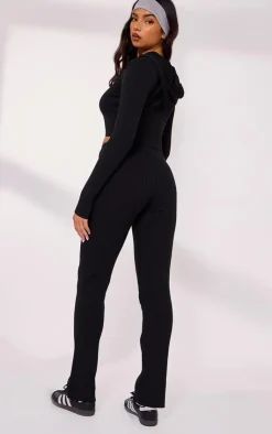 Discount PrettyLittleThing Rib Knit Zip Up Long Sleeve Co Ord Black