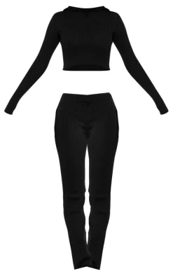 Discount PrettyLittleThing Rib Knit Zip Up Long Sleeve Co Ord Black
