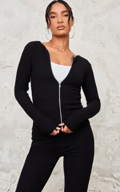 New PrettyLittleThing Rib Longline Zip Up Top Black