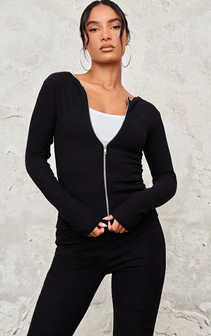 New PrettyLittleThing Rib Longline Zip Up Top Black
