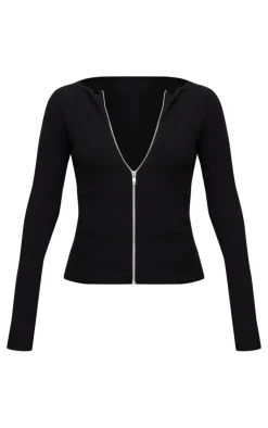 New PrettyLittleThing Rib Longline Zip Up Top Black