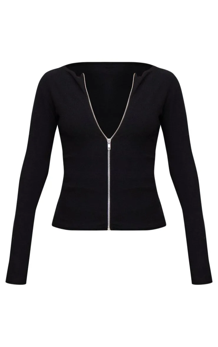 New PrettyLittleThing Rib Longline Zip Up Top Black