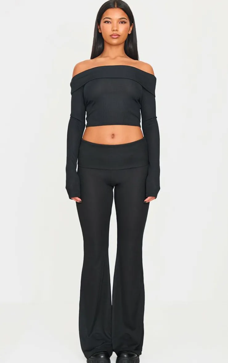 Outlet PrettyLittleThing Rib Low Rise Foldover Flared Pants Black