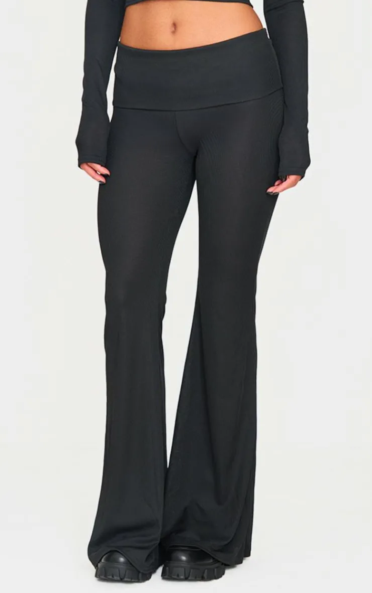 Outlet PrettyLittleThing Rib Low Rise Foldover Flared Pants Black