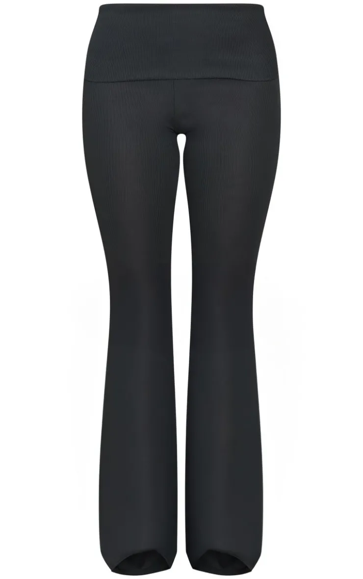 Outlet PrettyLittleThing Rib Low Rise Foldover Flared Pants Black