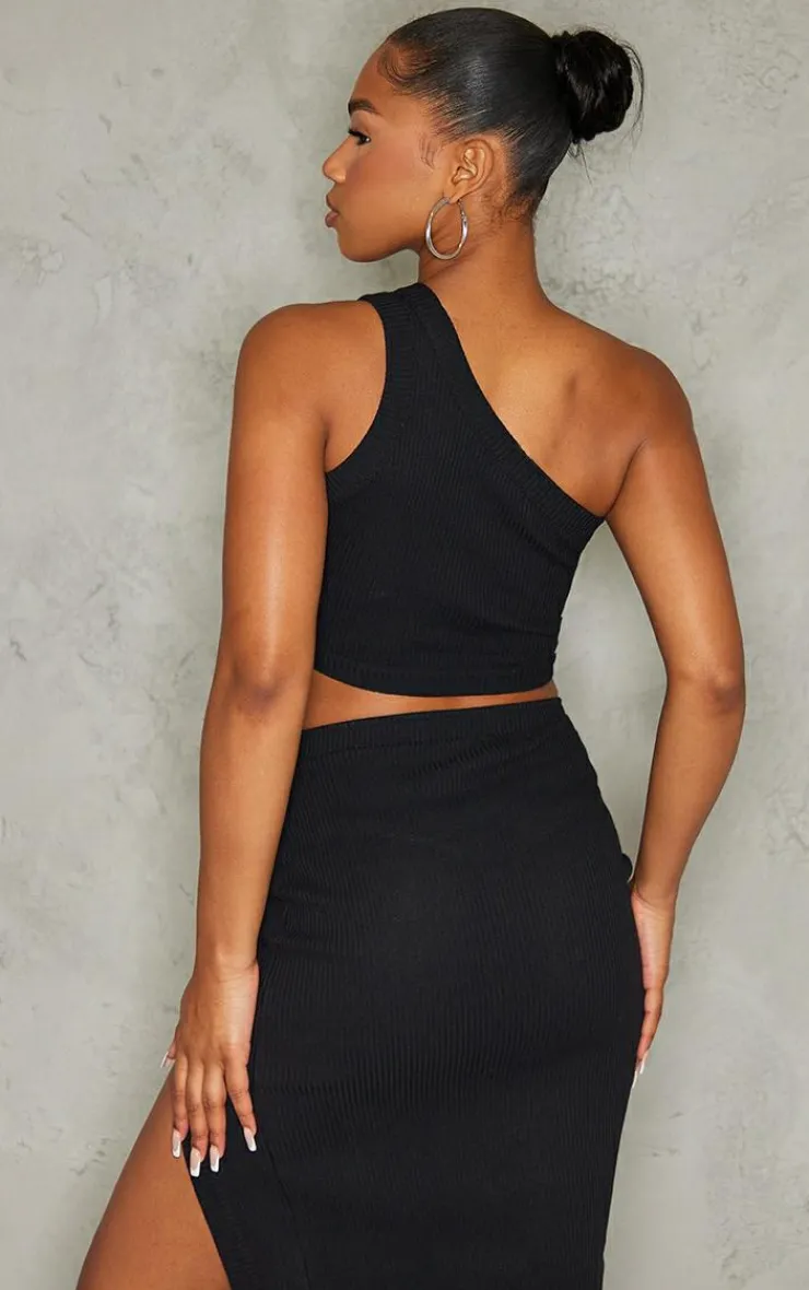 Sale PrettyLittleThing Rib One Shoulder Strappy Crop Top Black