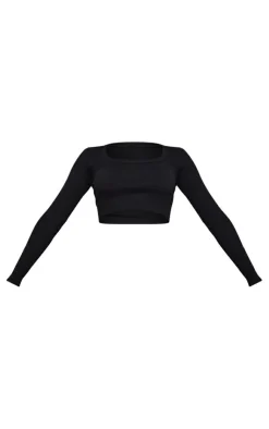 New PrettyLittleThing Rib Scoop Neck Long Sleeve Crop Top Black